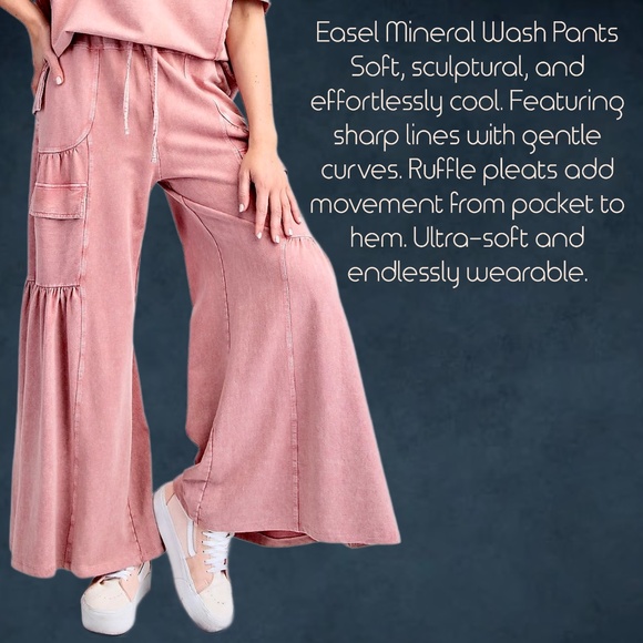 EASEL “Lovin’ It” Cotton Mineral Washed Pants Relax Fit Wide Ruffled Leg Pockets - Picture 8 of 14